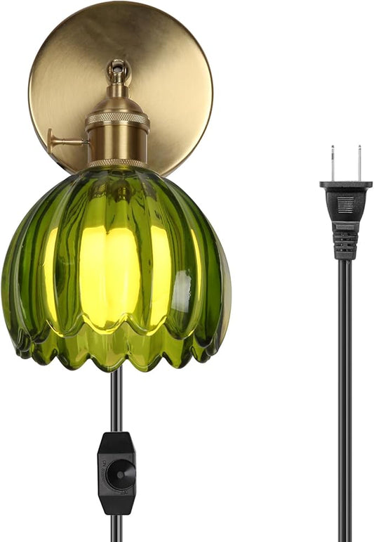 HuisMier Plug in Wall Sconces, Vintage Green Tulip Glass Lampshade Wall Light with On/Off Switch, Modern 180 Degree Adjustable Brass Wall Sconces for Bathroom Bedroom Living Room Hallway, Plug in
