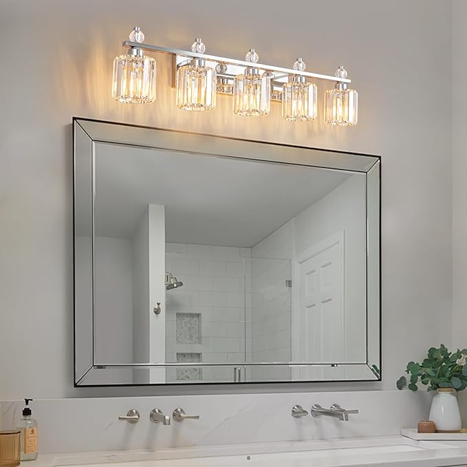 Bathroom Vanity Lights 5-Light Chrome Modern Crystal Vanity Light Fixtures Over Mirror Crystal Bathroom Vanity Lighting Fixtures