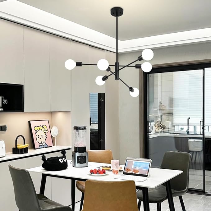 Sputnik Chandelier, Black Modern Industrial Chandeliers 6-Light, Mid Century Ceiling Lighting Fixture for Living Room, Kitchen, Bedroom, Dining Room, Farmhouse