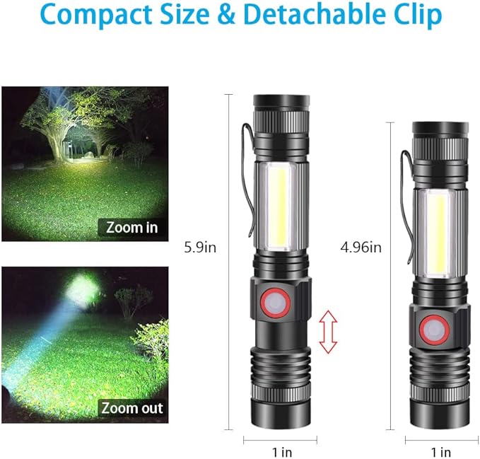 iToncs LED Rechargeable, Super Bright Magnetic Flashlight with COB Work Light, Waterproof, 4 Modes, Pocket Tactical Flashlights for Outdoor Camping Emergency 2 Packs