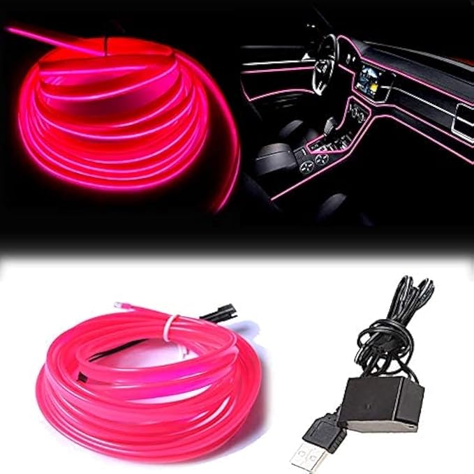 El Wire Pink Interior Car LED Strip Lights, 3M Neon Wire USB 5V with Fuse Protection for Automotive Interior Decoration, with 6mm Sewing Edge