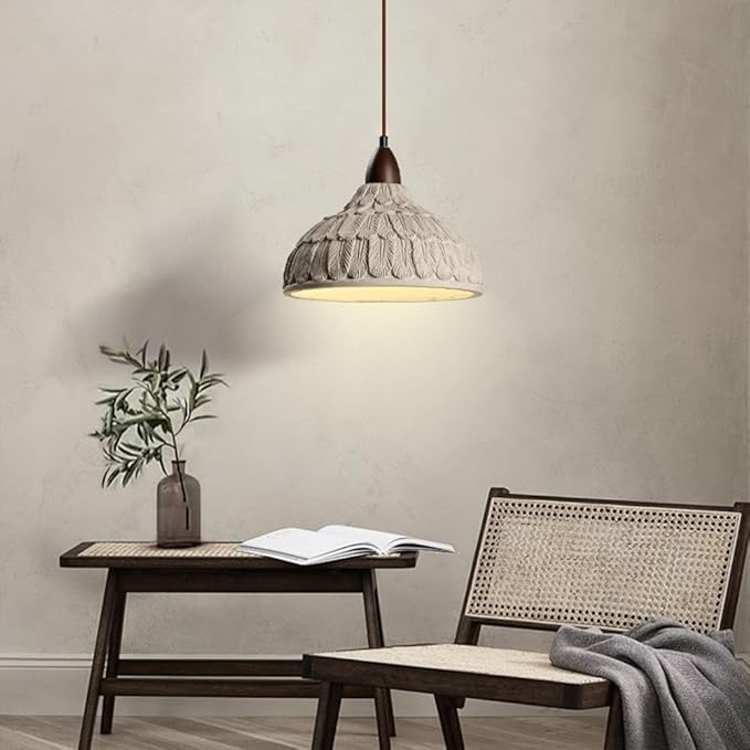 Wabi Sabi Pendant Light, 11" Retro Japanese Style Concrete Pendant Light with Feather Textured Lampshade, Cement Pendant Light Fixtures Ider for Bedroom Living Room Kitchen Island (No Bulb)