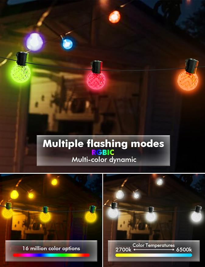 IKERY 100Ft Outdoor String Lights USB 5V RGB Globe Led Patio Lights with50 Shatterproof Bulbs,Waterproof Hanging Lights for Room Café Bistro Pergola Garden Backyard Halloween Christmas
