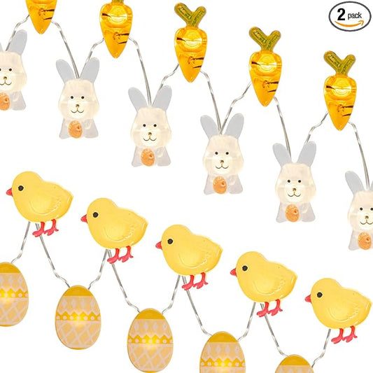 EAMBRITE Set of 2 Easter Lights for Easter Decorations 10Ft 60 LED Easter Fairy Lights Eggs Chick & Carrot Bunny String Lights Battery Operated Set with Timer for Spring Indoor Decor Home Party Tree