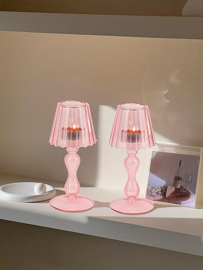 Desk Lamp Shaped Glass Candle Holder - Glass Hurricane Candleholder Crystal Decorative Candle Stand for Table Wedding Dinning Centerpieces Party Supplies Festival Decor Pink