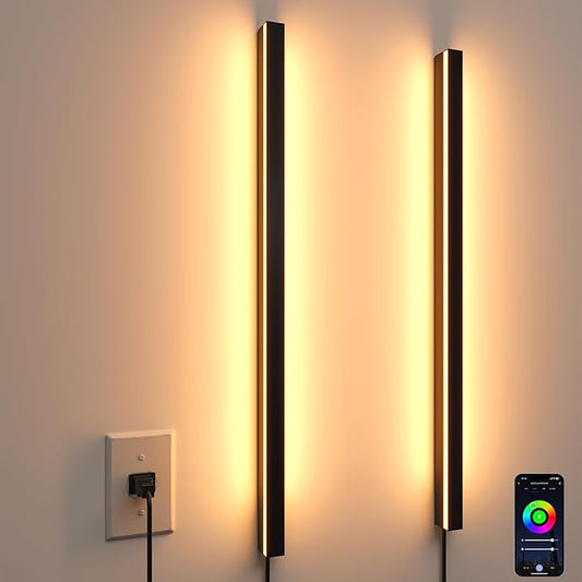 Smart Wall Sconces Set of 2, 35.4 In RGBCW LED Wall Lights Works with Alexa & Google Home, Plug-in or Hardwire Installation Wall Mount Lamp Dimmable for Bedroom, Living Room, Hallway Decor, Music Sync
