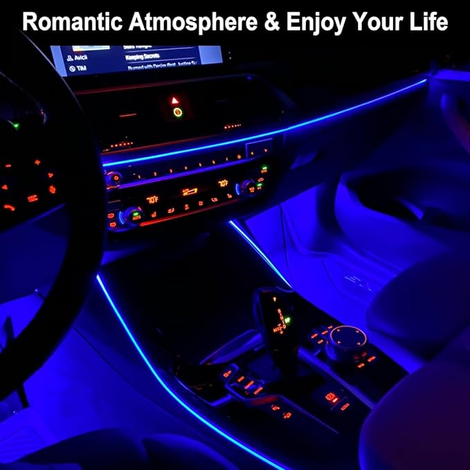 EL Wire Interior Car LED Strip Lights, 16.5FT USB Neon Glowing Strobing El Wire Strip with 6mm Sewing Edge, Ambient Lighting Kits for Car Inside Decorations (Blue)