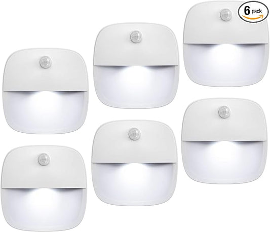 AMIR Motion Sensor Light Indoor, Upgraded Battery-Powered LED Night Light with PIR Technology for Bathroom, Kitchen, Stairs, Under Cabinet, Closet, Stick on Anywhere Hallway Lamp (White, 6-Pack)