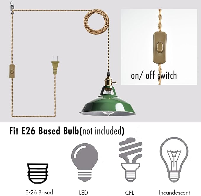 YUBOLE Modern Green Plug-in Pendant Light,Macarons Kitchen Hanging Swag Lighting, Metal Barn Shade with On-Off Switch Plug Cord Light for Bedroom Foyer Dining Bar