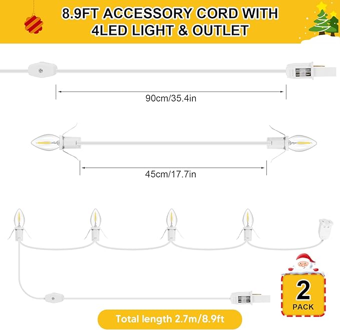2Pack Accessory Cord with 8LED Bulbs and Outlet Christmas Village Light 18FT Blow Mold Light Cord with Spare Fuse Warm White C7 Lamp Christmas Village Accessories for Village Houses Craft Pumpkin