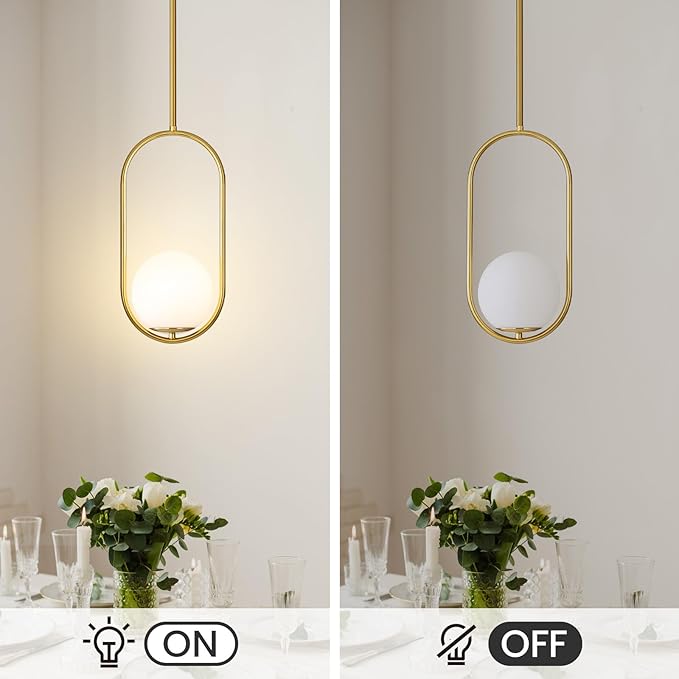 Yunnix Pendant Lights Kitchen Island Modern Gold Globe Pendant Light Mid Century Light Fixture Milk Glass Pendant Lights for Bedroom Dining Room Brushed Brass with One Light (Bulb Not Included)