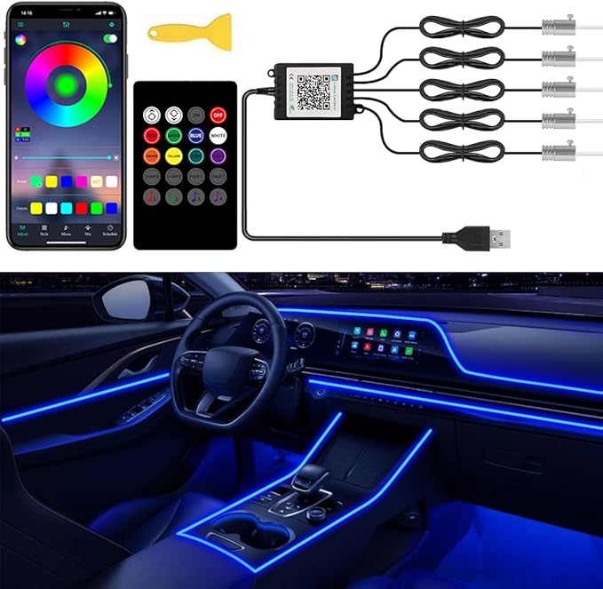 Interior Car Lights with Wireless APP and Remote Control, 5 in 1 RGB Ambient Lighting Kit with 236 inches Fiber Optic, 16 Million Colors Car Neon Strip with Music Mode