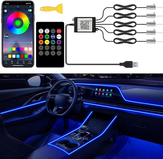 Interior Car Lights with Wireless APP and Remote Control, 5 in 1 RGB Ambient Lighting Kit with 236 inches Fiber Optic, 16 Million Colors Car Neon Strip with Music Mode