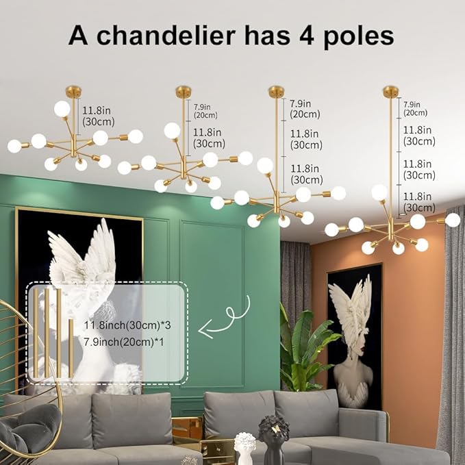 Sputnik Chandelier Modern Gold Chandelier Mid Century Ceiling Lighting Fixtures 8 Lights E26 for Living Room, Kitchen Island, Bedroom, Dining Room, and Farmhouse