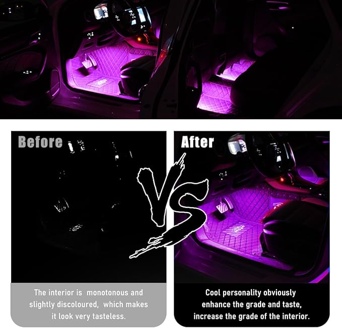 Car Interior LED Strip Light, 12V 24 LED Waterproof Neon Ambient Night Light with USB Port, Automotive Atmosphere Decorative Under Dash Lighting Kit, Car Accessories (Pink Purple)