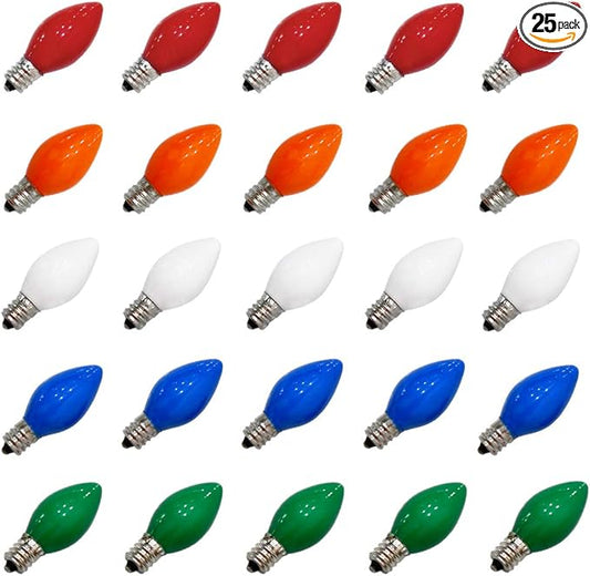 25 Pack Christmas Light Bulbs, C7 Ceramic Multi-Color Replacement Bulbs, C7 Outdoor String Lights Replacement Bulbs, C7/E12 Candelabra Base, 5 Watt