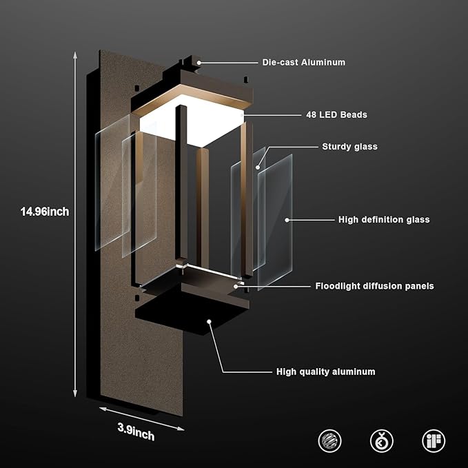 Modern Motion Sensor Outdoor Wall Light Sconce with Glass, 850LM LED, IP65 Waterproof Aluminum Lantern - Anti-Rust Exterior Lighting for Porch, Garage, Front Door, Patio,Black