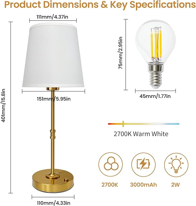 Gold Portable Cordless Table Lamp, Rechargeable Bedside Lamp, Stepless Dimming Touch Control Nightstand Lamp, 2700K Warm Light, Vintage Desk Lamp for Living Room, Dining Table Decor (Tall)