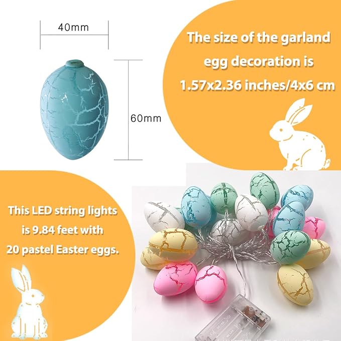 SWEETIME 20 Pcs Easter Egg Lights, 9.84 ft Cracked Egg String Light,Battery Powered Rainbow Lights for for Easter Decor