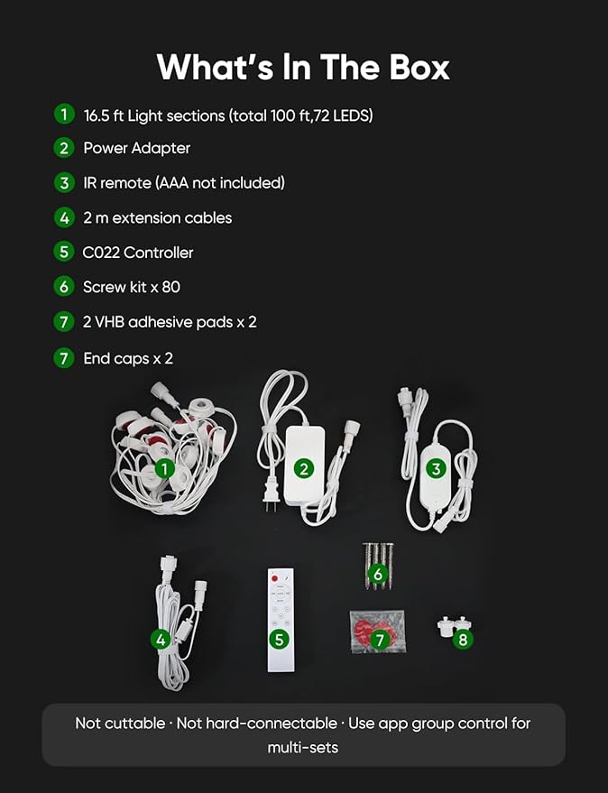 Smart Permanent Outdoor Lights, RGB with IC + White(6000K), Under-Eave Lighting, 100ft/72 LEDs/IP67 Light / IP65 Controller, 111+ Scenes, Music Sync, Alexa/Google, Wi-Fi/Voice/Remote Control