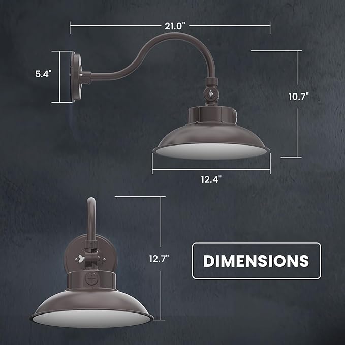 HYPERLITE Gooseneck Barn Light 12inch - 50W/40W/30W Selectable - 3000K/4000K/5000K Switchable IP65 Gooseneck Wall Sconce - 360° Rotation Barn Light Sconce Outdoor for Porch Farmhouse Garage