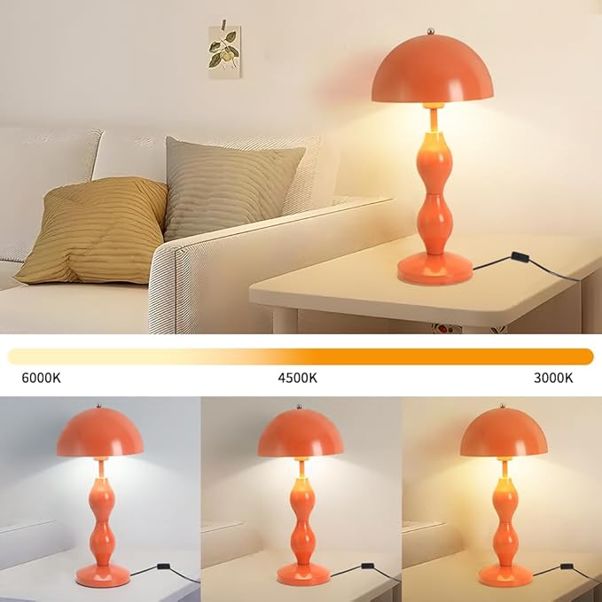 Orange Mushroom Lamp,Bedside Table Lamp for Living Room,Mid Century Modern Table Lamps for Bedroom,Mushroom Bedside Light,Home Office Aesthetic Decor Nightstand Lamps,Flowerpot Desk Light,Orange Shade
