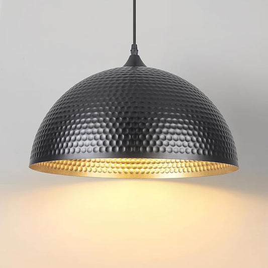 16 inch Black and Gold Pendant Light 1 Pack, Hammered Large Industrial Pendant Lights Kitchen Island, Black Dome Pendant Light for Kitchen Island, Dining Room, Bar