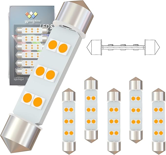 360 deg DC 12V 44mm 578 LED Festoon Bulb 569 211-2 212-2 LED Bulbs Gold Amber for Automotive Interior Dome Door Trunk Lights (Pack 6)
