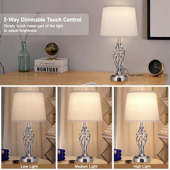 Touch Table Lamps Set of 2, nightstand lamp with USB Ports Bedside 3 Way Touch dimmer Desk lamp for Living Room Bedroom,Nickel Plated Spiral cage Base Design Warm White dimmer Bulbs Included