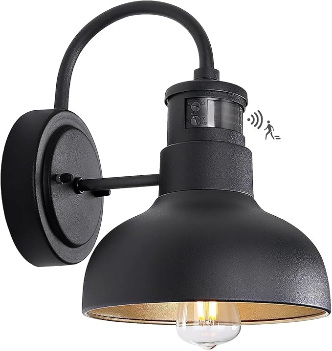 7in Motion Sensor Outdoor Barn Wall Lights Dusk to Dawn Exterior Gooseneck Lighting Wall Mount Small Dome Gooseneck Porch Wall Sconce Black Farmhosue External Garage Barn Lights