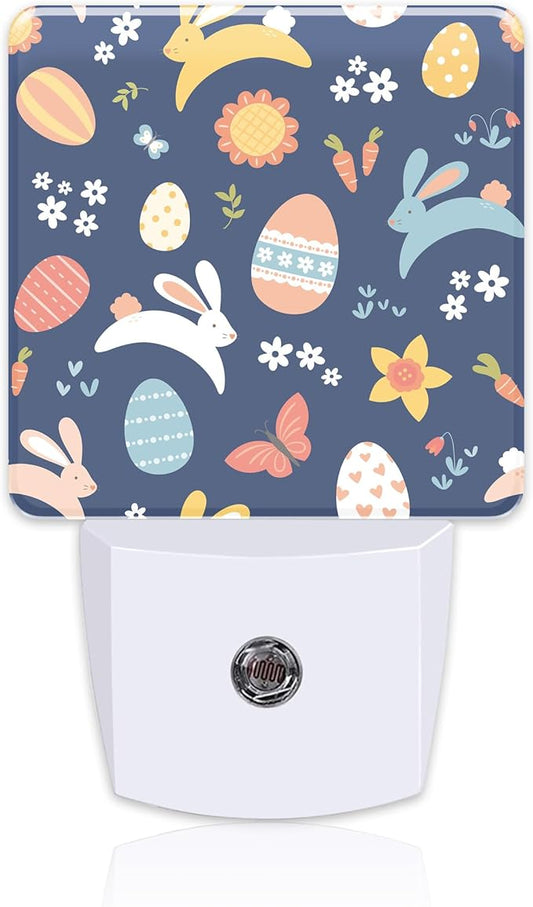 Easter Bunnies and Eggs Night Light, Colorful Rabbits and Flowers Dusk to Dawn Night Light Plug in,0.5w Energy Saving Sleep Friendly NightLight for Kids Boys Girls Home Decor
