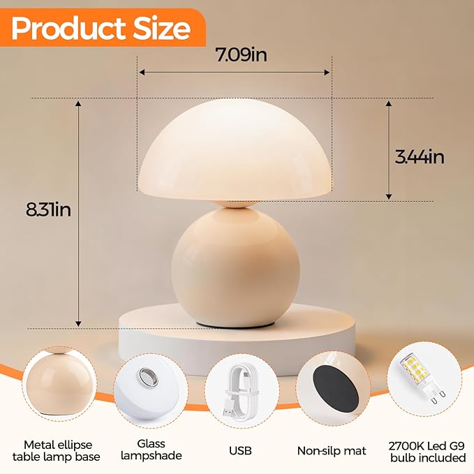 NIORSUN Mushroom Lamp Table Lamp for Bedroom, Portables Cordless Table Lamp,Wireless lamp,Small Bedside Table Touch Lamps for Living Room,Mini Mushroom 5200mAh Battery Operated Lamp Modern Cream