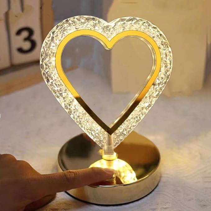 Crystal Table Lamp, Touch Control Nightstand Light with 3Color Temperature, USB Rechargeable Bedside Light for Bedroom Living Room Desktop Bar Cafe Office Indoor Decoration(Love Heart)