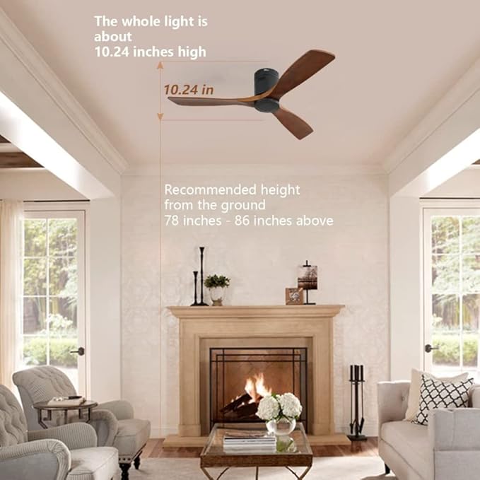 52" Low Profile Wood Ceiling Fan No Light with 3 Walnut Blades, Modern Ceiling Fan with Remote Control, Timer, Noiseless Reversible DC Motor for Outdoor Farmhouse Patio Living Room and Bedroom