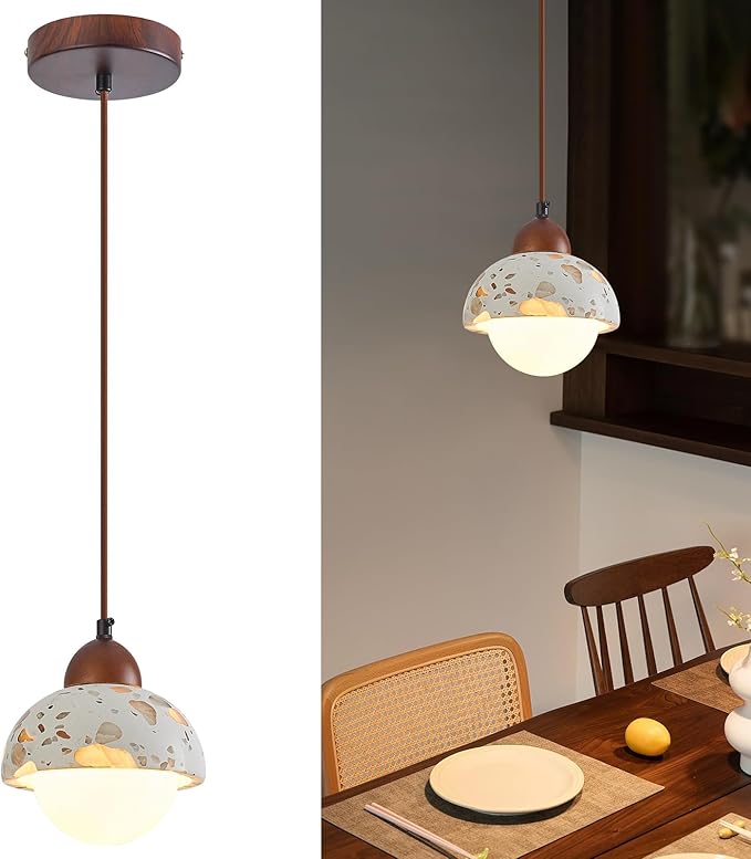 Modern terrazzo Pendant Light Fixture,Stone Pendant Lights with Wood,Vintage Farmhouse Chandelier for Kitchen Island Dining Room Living Room Bedroom Restaurant Cafe(1-Pack)