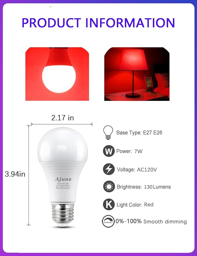 LED Red Sleep Light Bulb Dimmable, 100% Blue Light Blocking Bulb 650nm Promoting Melatonin Red Light Bulbs, A19 7W E26 Base Dim Light Bulbs for Bedroom, Baby Nursery,2 Packs