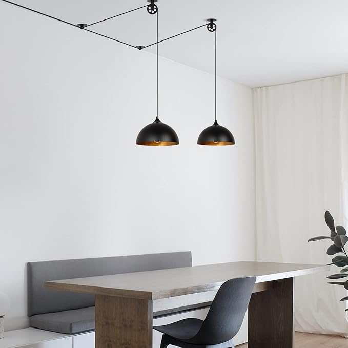 Modern Plug in Pulley Black and Brass Domed Pendant Light with 19.4ft Cord On/Off Switch, Retro Metal Barn Hanging Ceiling Lampshade for Farmhouse Kitchen Island Bedroom Hallway (2 Pack)