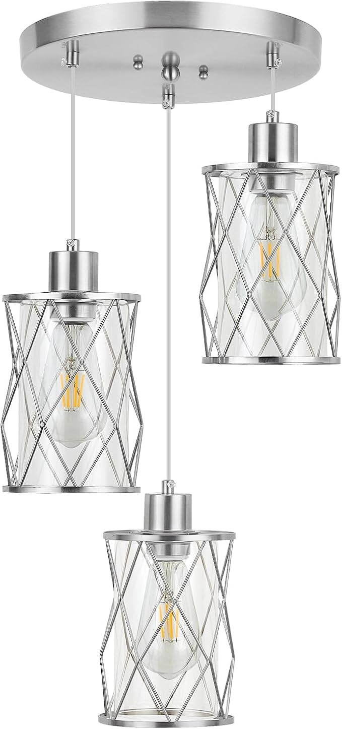 Refice 3-Light Pendant Lights Kitchen Island, Brushed Nickel Kitchen Cluster Hanging Pendant Lights with Clear Glass, Modern Cage Chandelier Light Fixture for Sink Dining Room Bedroom Bar