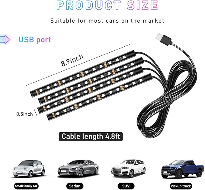 Car LED Strip Light, 48 LED RGB Auto Interior Atmosphere Lights, Cigarette Lighter Under Dash Ambient Night Light, Interior Lamp Lighting Kit (White, USB)