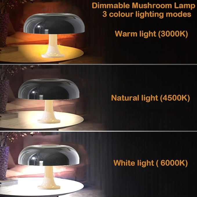Mushroom Lamp, Dimmable Mushroom Table Lamp with 3 Lighting Modes, Mid Ccentury Retro Lamp, Mushroom Shade Shaped Desk Lamp, Night Light Bedside Lamp, Home Decor Aesthetic Lamp (Plug Powered) (White)