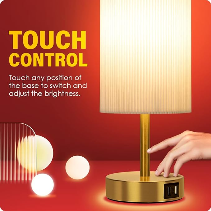 Yarra-Decor Bedside Lamp with USB A+C Charging Ports Set of Two - Touch Control Table for Bedroom Wood 3 Way Dimmable Nightstand Round Pleated Shade Home Office (LED Bulb Included)