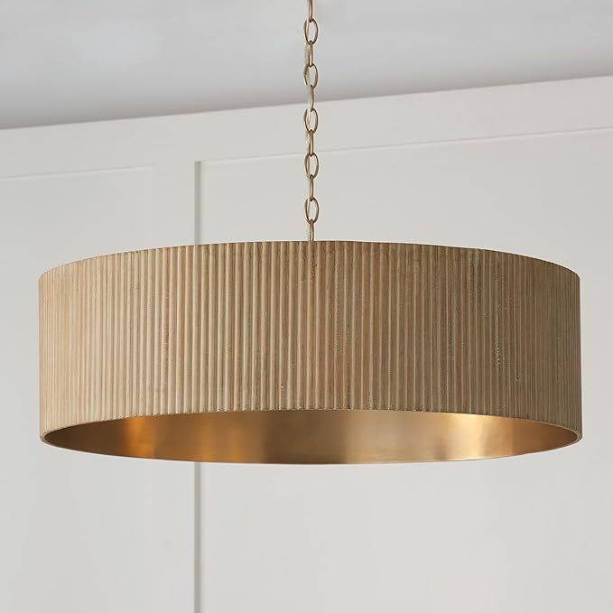 Capital Lighting 450741WS Donovan Mid-Century Modern Artisan Luxe Fluted Mango Wood Drum Chandelier, 4-Light 400 Total Watts, 11" H x 31" W, White Wash and Matte Brass