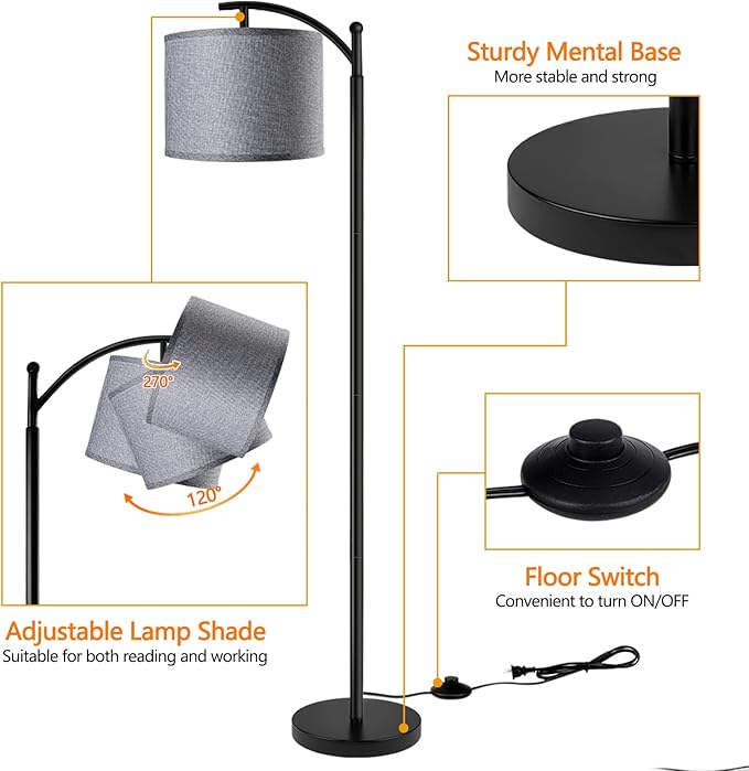 Floor Lamp with 3CCT LED Bulb, Gray Linen Lamp Shade for Living Room, Modern Standing Lamp for Bedrooms - Black