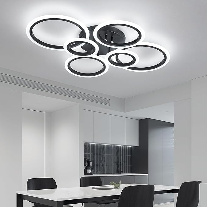 6 Rings Black Modern LED Ceiling Light Fixture, Flush Mount Ceiling Light with Remote Dimmable Brightness, Adjustable 3000-6000K Color Temperature, Timer for Living Room, Bedroom