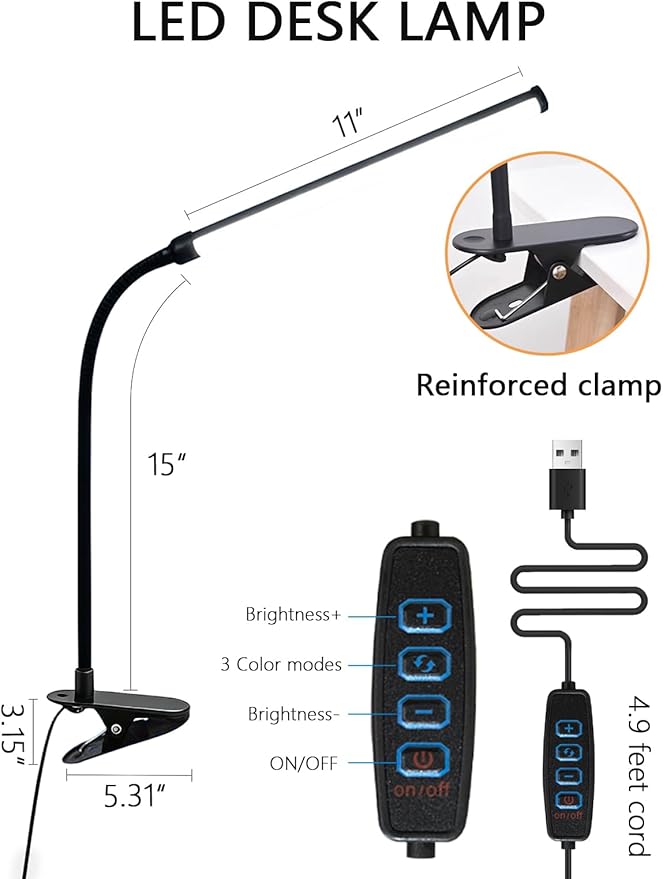 2 Pack LED Clip on Reading Light, 360 Flexible Gooseneck Dimmable Desk Lamp with Clamp, Eye-Caring Bedside Lamp for Bedroom Office Home Study, Computer Monitor Light Bar