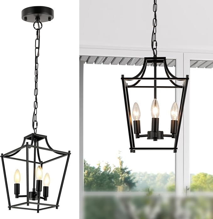 Lantern Pendant Light Black Pendant Light Fixtures 3-Light Black Lantern Pendant Lights, 9.4" Adjustable Farmhouse Pendant Lighting for Kitchen Island Dining Room Foyer