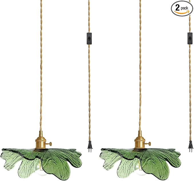 2 Pack Plug in Pendant Light 14.75ft Hanging Light with Plug in Cord Hand Blown Green Glass Pendant Lamp Brass Pendant Light Plug in Hanging Lamp for Kitchen Bedroom Living Dining Room