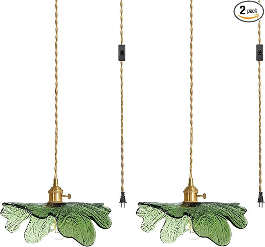 2 Pack Plug in Pendant Light 14.75ft Hanging Light with Plug in Cord Hand Blown Green Glass Pendant Lamp Brass Pendant Light Plug in Hanging Lamp for Kitchen Bedroom Living Dining Room