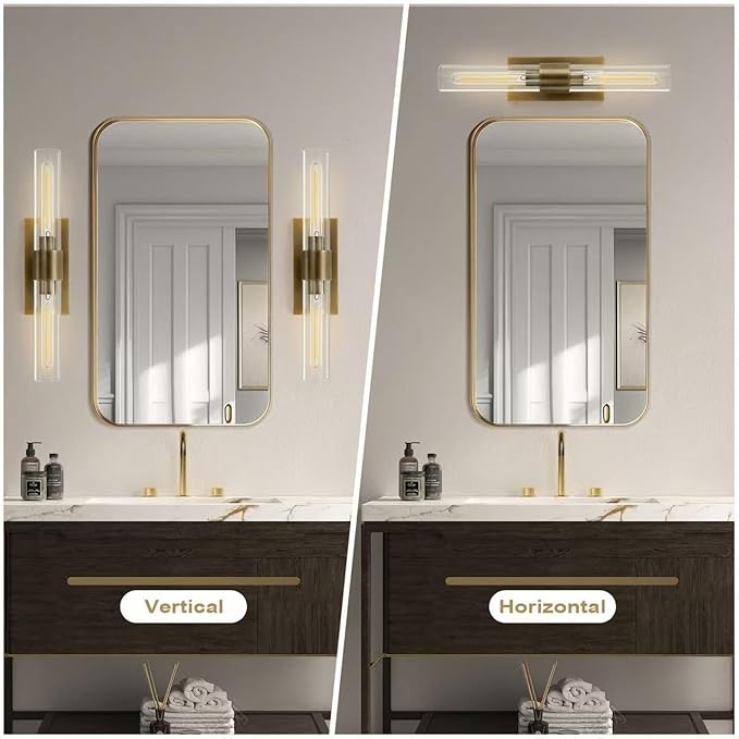 YUYI Brass Wall Sconces Set of Two, 22.8'' Gold Bathroom Sconces Wall Decor with Clear Glass Shade, Indoor Vanity Wall Lights for Bathroom Living Room Bedroom Hallway Fireplace Staircase