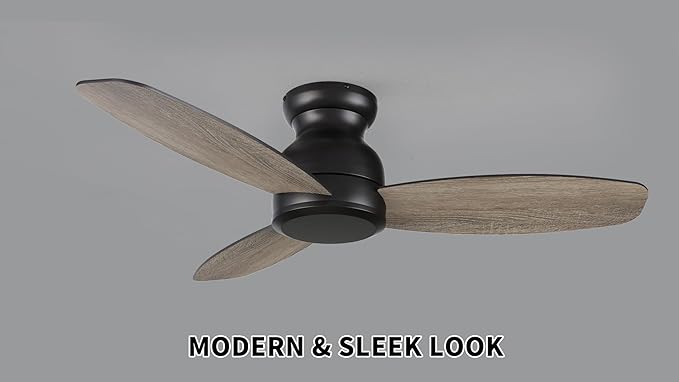 CEME 48 Inch Flush Mount Ceiling Fan without Lights, Black Ceiling Fan with Remote Low Profile, 10-Speed Reversible DC Motor, 3 Dual Finish Blades, Indoor for Bedroom